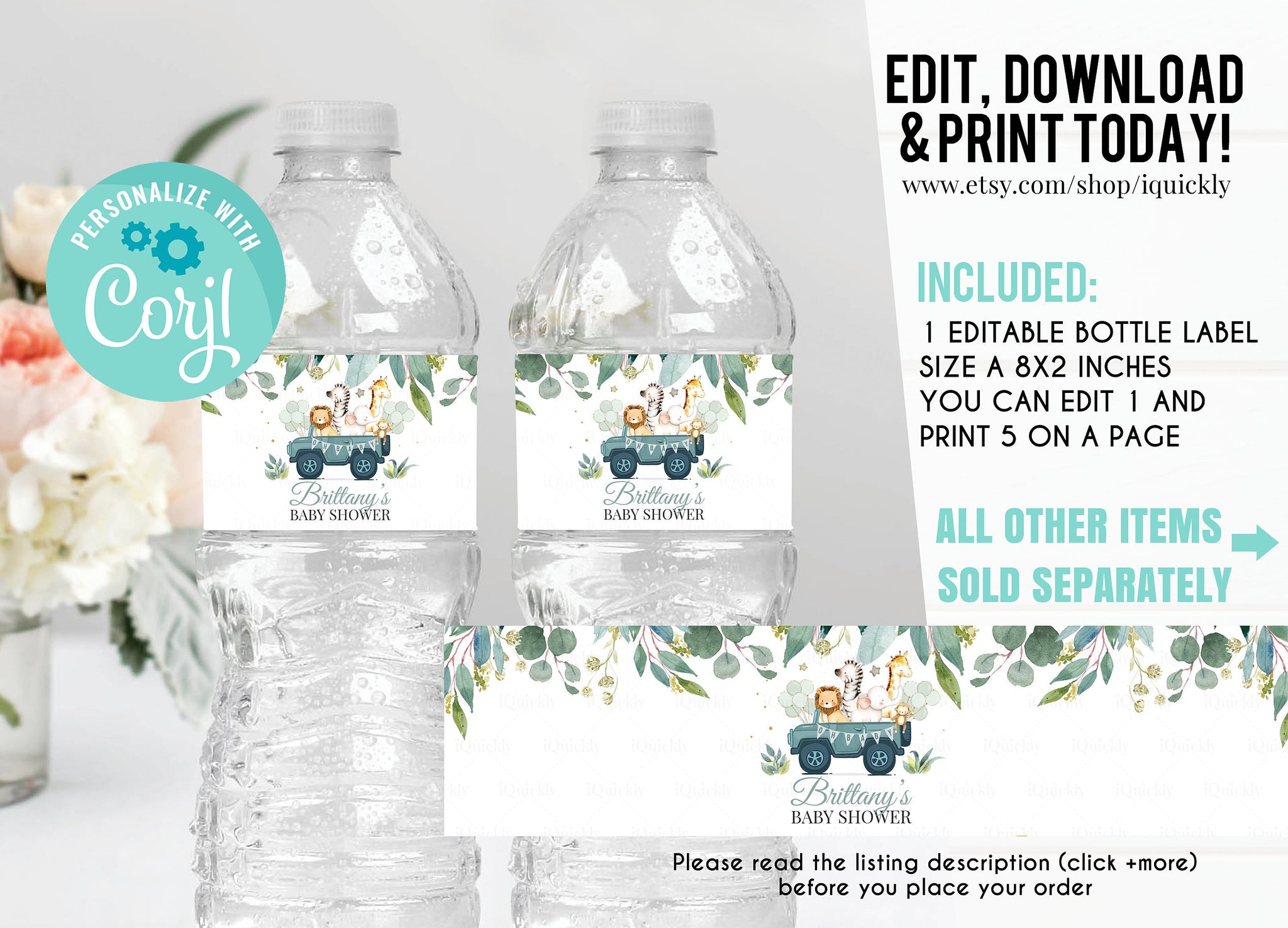 Editable Drive By Baby Shower Water Bottle Labels Safari Animal Drive Through Baby Shower Jungle Social Distancing Instant Download
