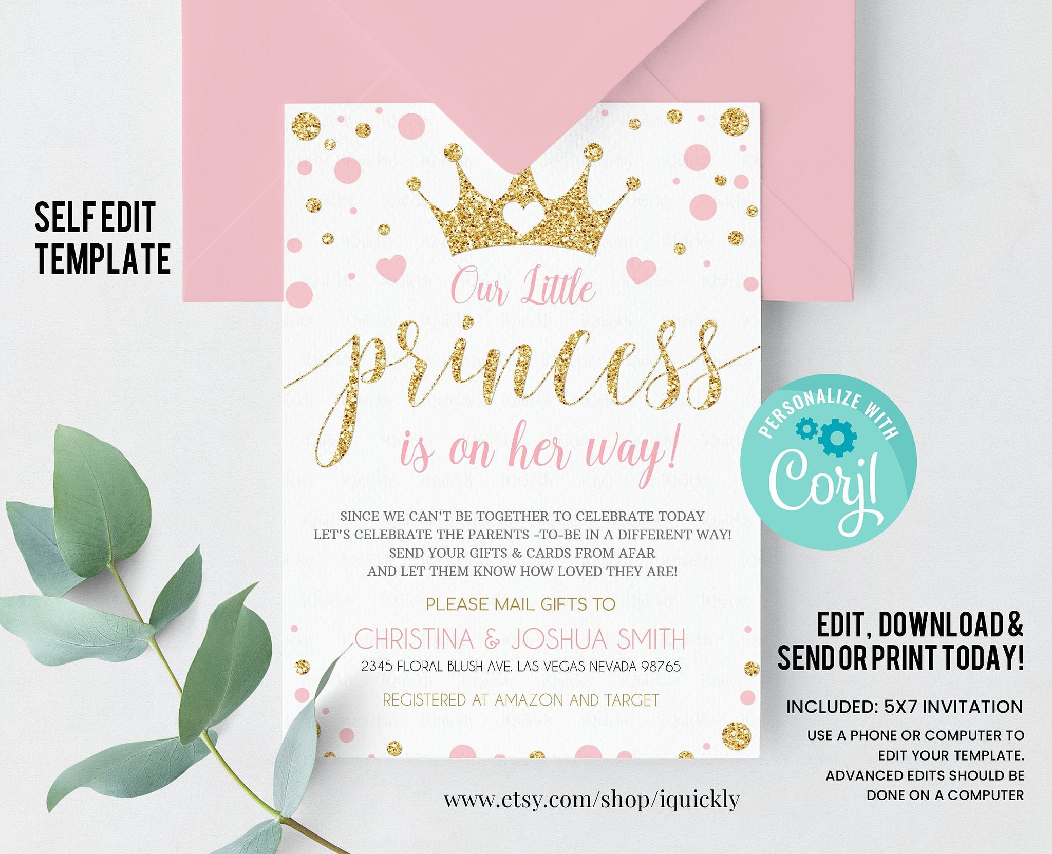 Princess showe by mail baby shower invitation EDITABLE virtual baby shower Online Baby shower invites Zoom party Printable template download