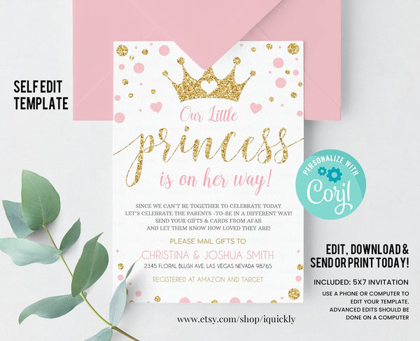 Princess showe by mail baby shower invitation EDITABLE virtual baby shower Online Baby shower invites Zoom party Printable template download