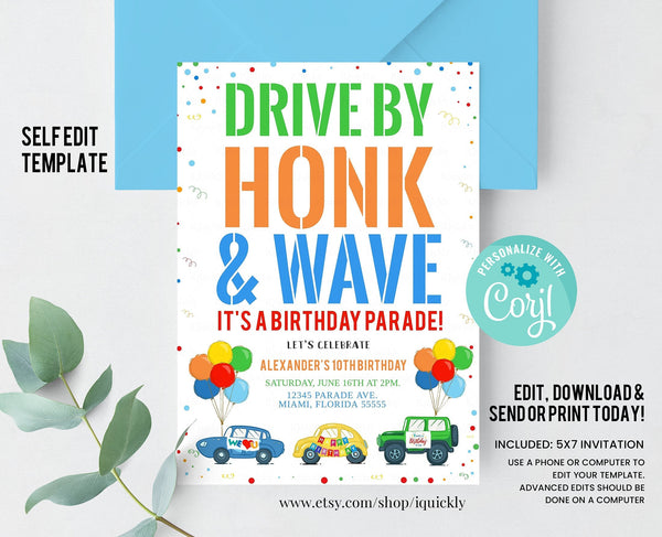 EDITABLE Drive By Birthday Parade Invitation, Drive By Kids Birthday Party Digital Invite, Honk, Wave Car Parade, Drive Through, Quarantine