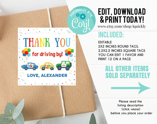 Editable Drive by Birthday Parade Favor Tag Drive Through Gift Tag Drive-by Birthday Party Thank you tags Honk Wave Car Boy Instant Download