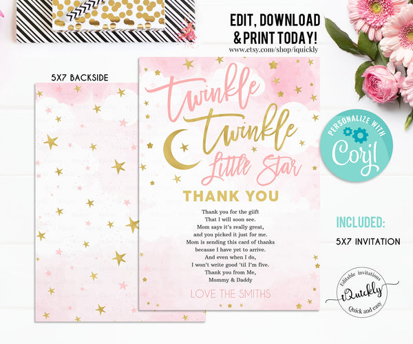 Editable Drive by twinkle twinkle little star thank you card pink, Shower by mail thank you card, Drive Through, Drive Thru Instant download