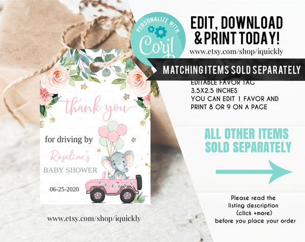 Editable Drive By Baby Shower Cupcake toppers Elephant Drive Through Baby Shower Drive Thru Birthday Parade Social Distancing Download
