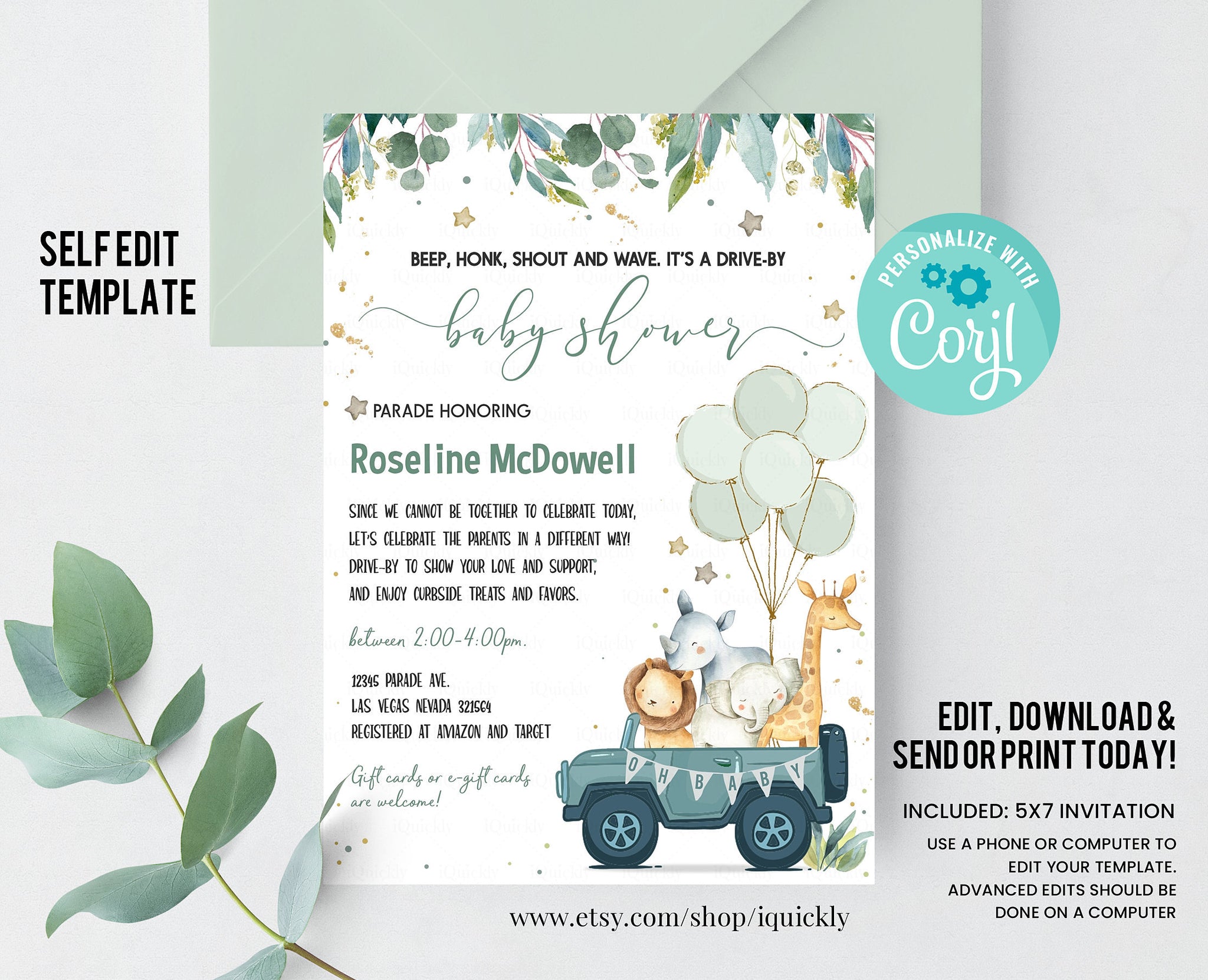 Editable Drive By Baby Shower Invitation Safari Animal Drive Through Gender neutral Invite Social Distance Boy Baby Shower Instant Download