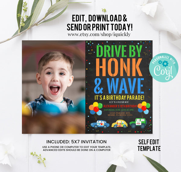 Editable Drive By Birthday Parade Invitation Drive By Kids Birthday Party Photo Invite Drive Through Honk Wave Car Parade Quarantine party