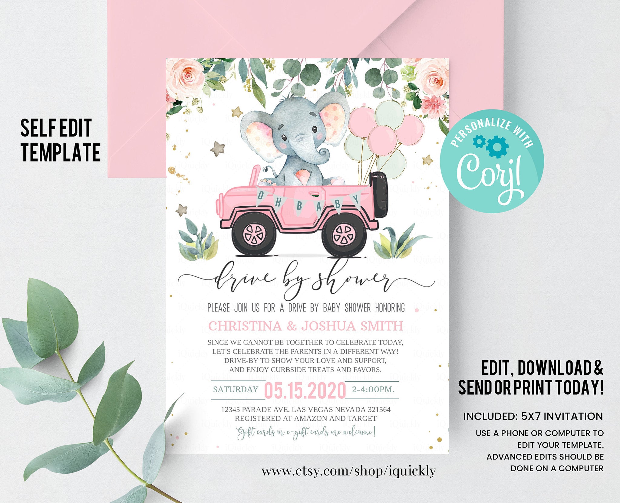 Editable Drive By Baby Shower Invitation Elephant Baby Shower Drive Through Invitation Social Distancing Girl Baby Shower Instant Download