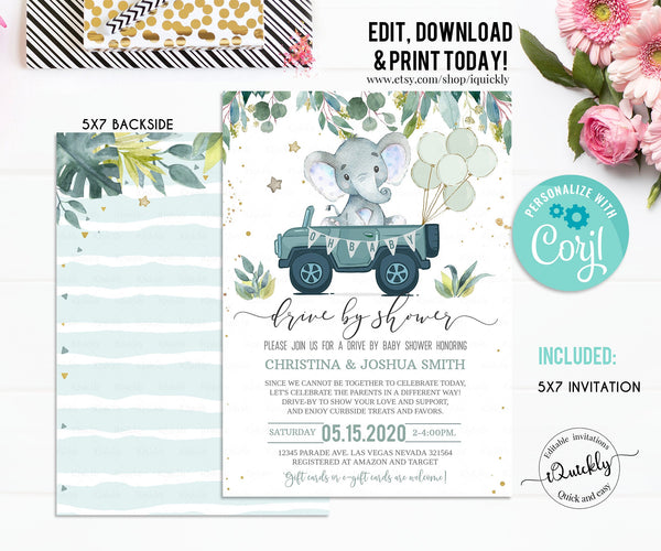 Editable Drive By Baby Shower Invitation Elephant Gender Neutral Drive Through Invitation Social Distancing Boy Baby Shower Instant Download