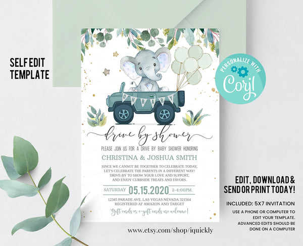Editable Drive By Baby Shower Invitation Elephant Gender Neutral Drive Through Invitation Social Distancing Boy Baby Shower Instant Download