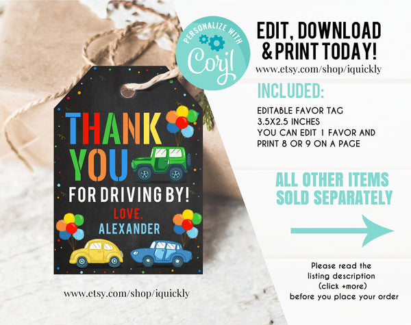 Editable Drive By Birthday Parade favor tags Drive By Kids Birthday Party thank you tags Drive Through Gift tags Honk Wave Car Parade party