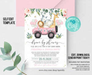 Editable Drive By Baby Shower Invitation Safari Animal Drive Through Baby Shower Invite Girl Social Distancing Drive Thru Instant Download