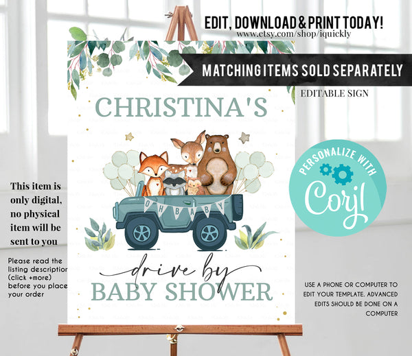 Editable Drive by Baby Shower Favor Tag Woodland Animal Drive Through Gift Tag Drive-By Baby shower Thank you tags Parade Instant Download