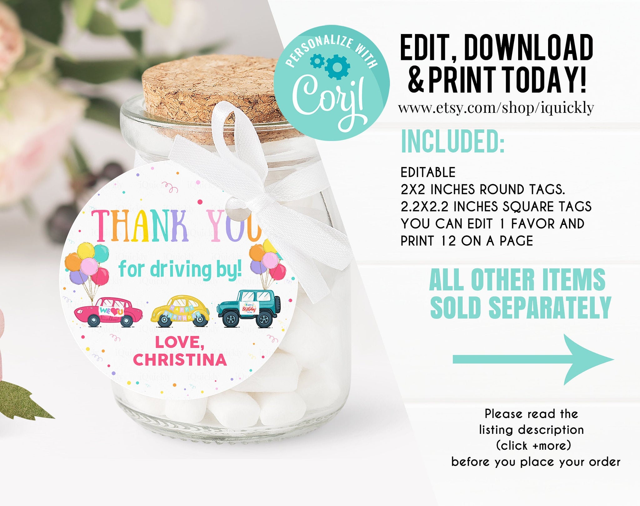 Editable Drive by Birthday Parade Favor Tag Drive Through Gift Tag Drive-by Birthday Party Thank you tags Honk Wave Car Instant Download