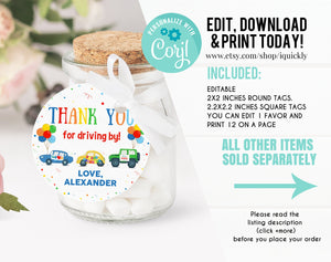 Editable Drive by Birthday Parade Favor Tag Drive Through Gift Tag Drive-by Birthday Party Thank you tags Honk Wave Car Boy Instant Download