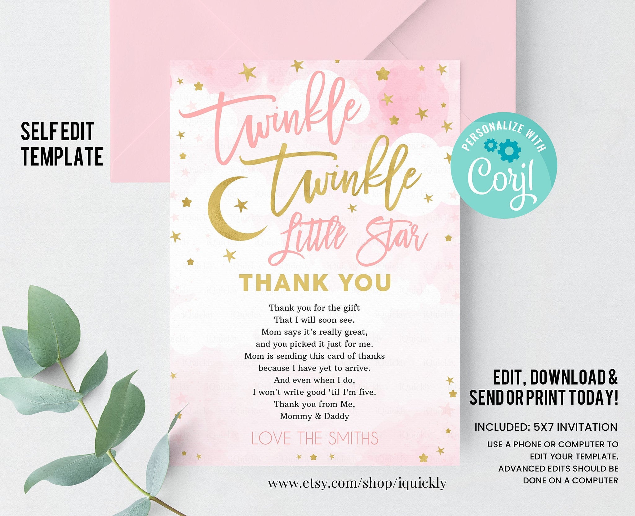 Editable Drive by twinkle twinkle little star thank you card pink, Shower by mail thank you card, Drive Through, Drive Thru Instant download