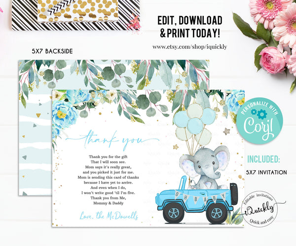 Editable Drive by Elephant thank you card blue, Boy Elephant Shower by mail thank you card, Drive Through, Drive Thru Instant download