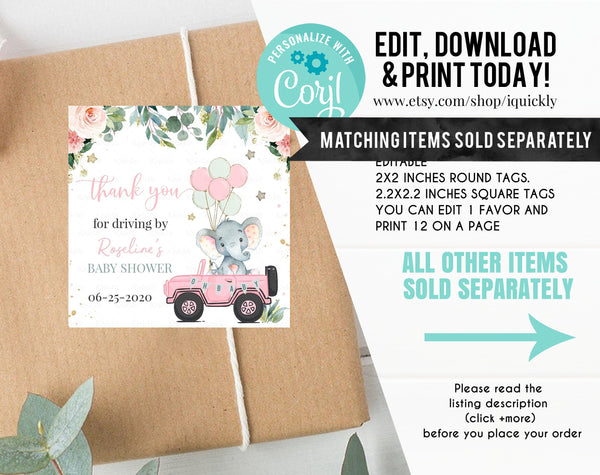 Editable Drive by Baby Shower Favor Tag Elephant Drive Through Gift Tag Drive Thru Baby shower Girl Thank you tags Parade Instant Download