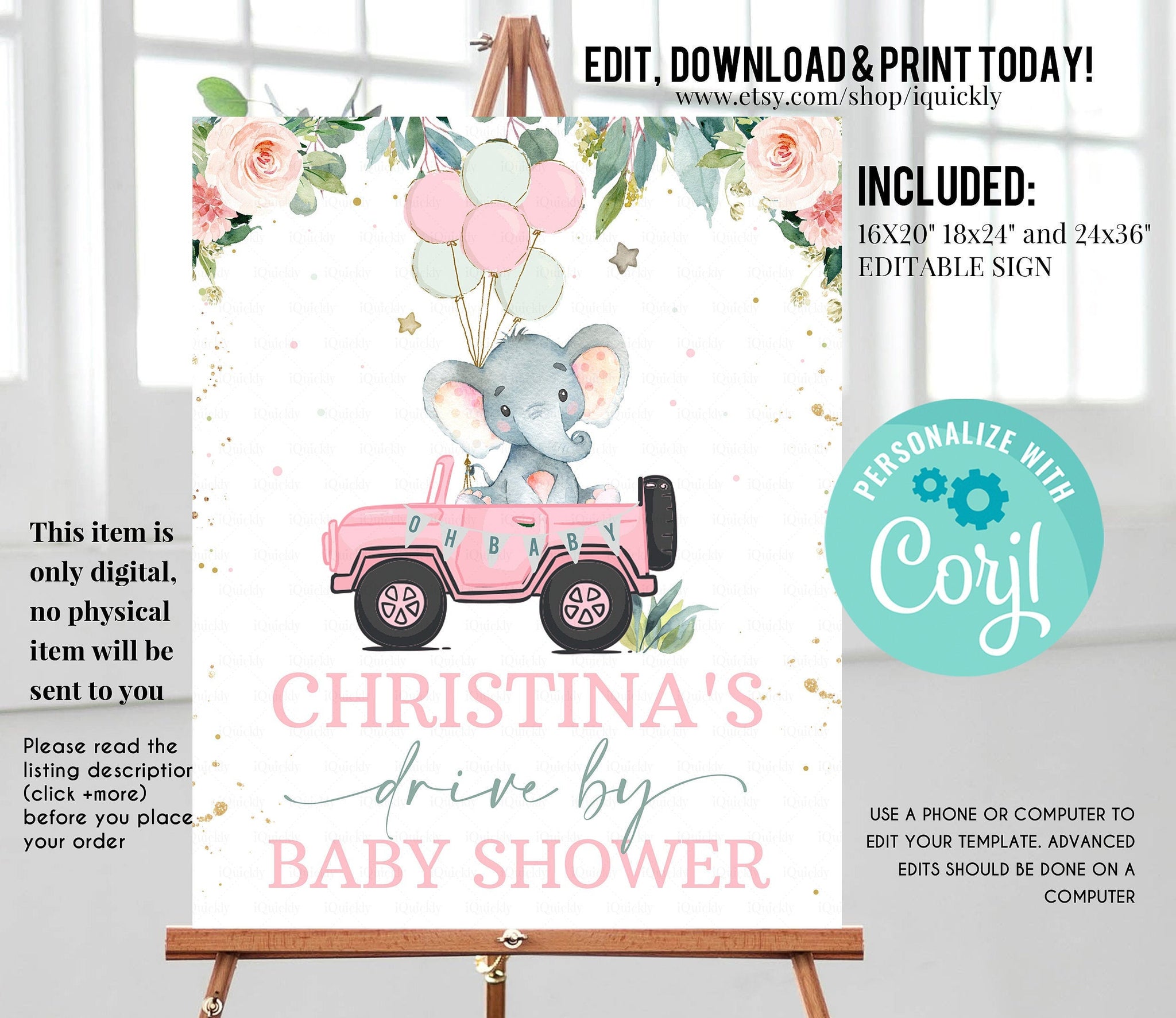 Editable Drive By Baby Shower Welcome Sign Elephant Drive Through Baby Shower Sign Yard Sign Girl Birthday Social Distancing download