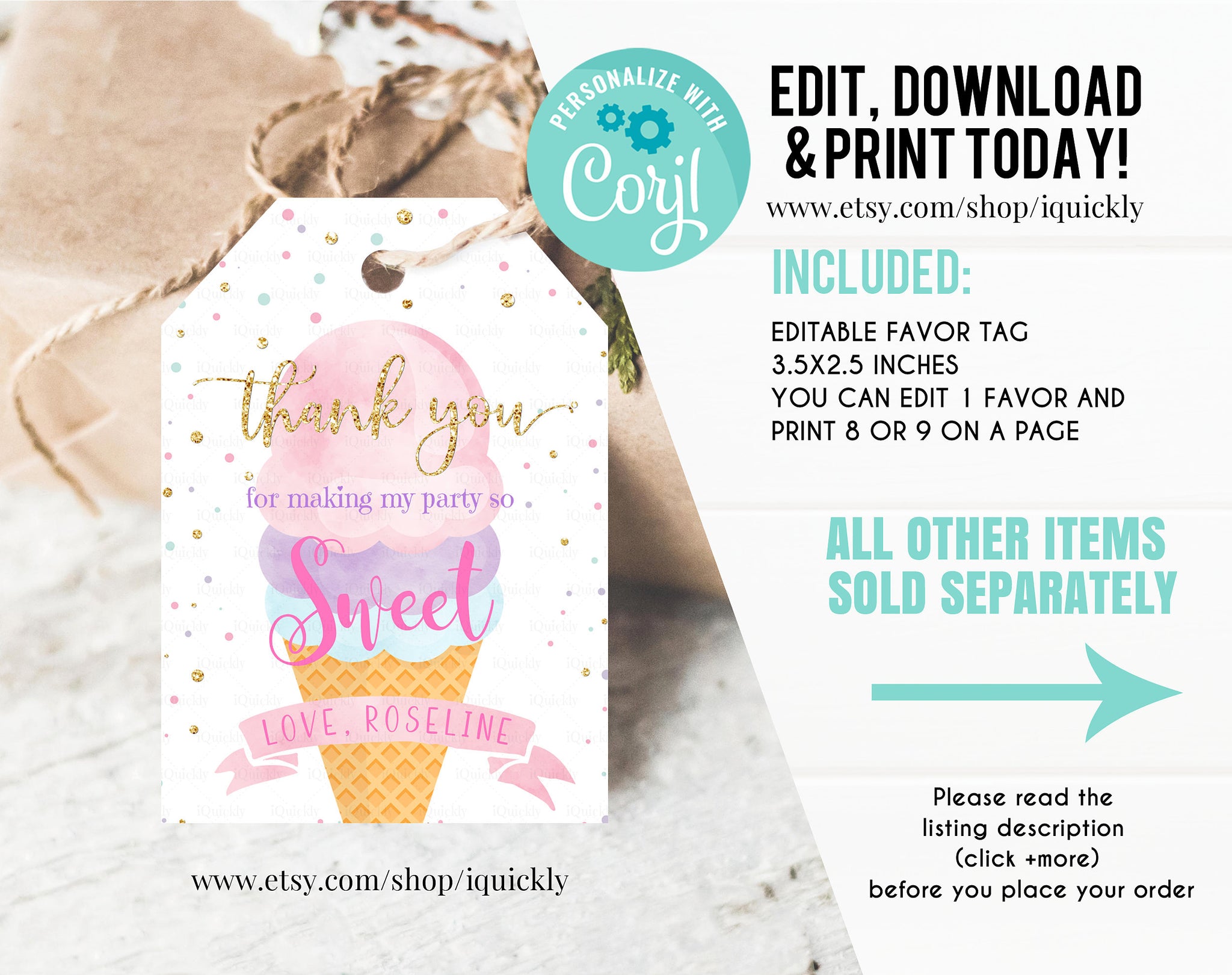 Editable Ice Cream Favor tags, Here's the Scoop Thank you tags, Ice Cream Birthday Girl Pink Gift tags, Instant download Printable Digital