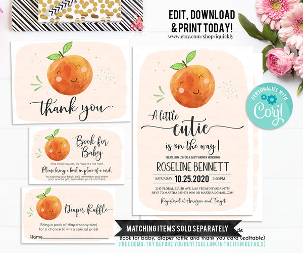 Editable A Little Cutie is on the Way Baby Shower Invitation, Orange Baby shower Invite, Little Cutie Shower, Fruit Gender neutral download