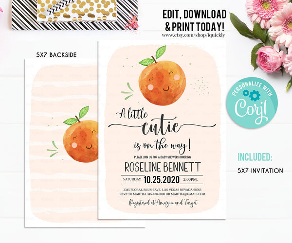 Editable A little cutie is on the way Baby Shower Invitation Set, Orange Mandarin Invites Package, Gender Neutral Pack, Boy Instant download