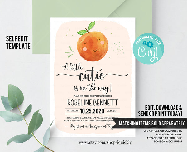 Editable A Little Cutie is on the Way Baby Shower Welcome Sign, Orange Mandarin Sign, Fruit Birthday sign Digital Instant download Printable