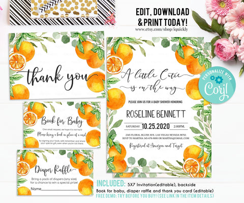 Editable A little cutie is on the way Baby Shower Invitation Set, Orange Mandarin Invites Package, Gender Neutral Pack, Boy Instant download