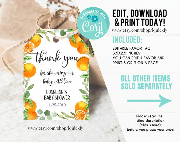 Editable A little cutie is on the way Baby Shower Favor tags Orange mandarin Thank you tags Fruit Gender Neutral Gift tags Instant download