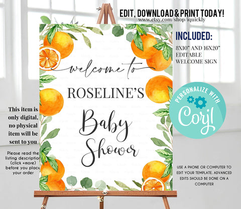 Editable A Little Cutie is on the Way Baby Shower Welcome Sign, Orange Mandarin Sign, Fruit Birthday sign Digital Instant download Printable