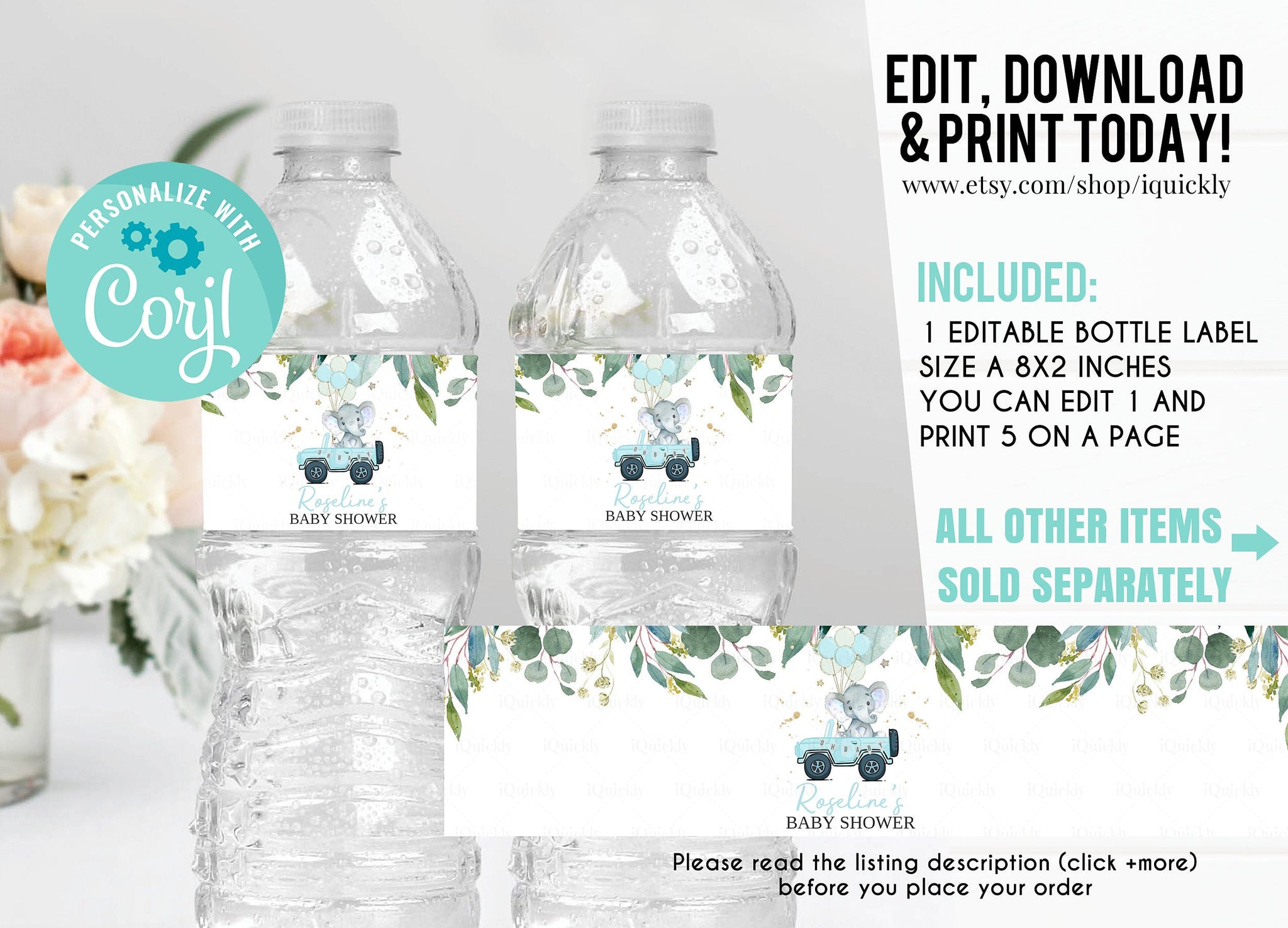 Editable Drive By Baby Shower Water Bottle Labels Elephant Drive Through Baby Shower Drive Thru Boy Birthday Decoration Instant Download