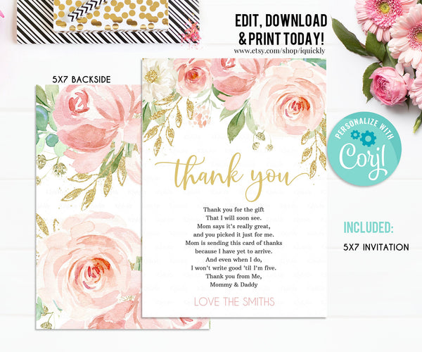 Editable Drive by Blush Floral thank you card pink, Shower by mail thank you card Drive Through Shower Drive Thru printable Instant download