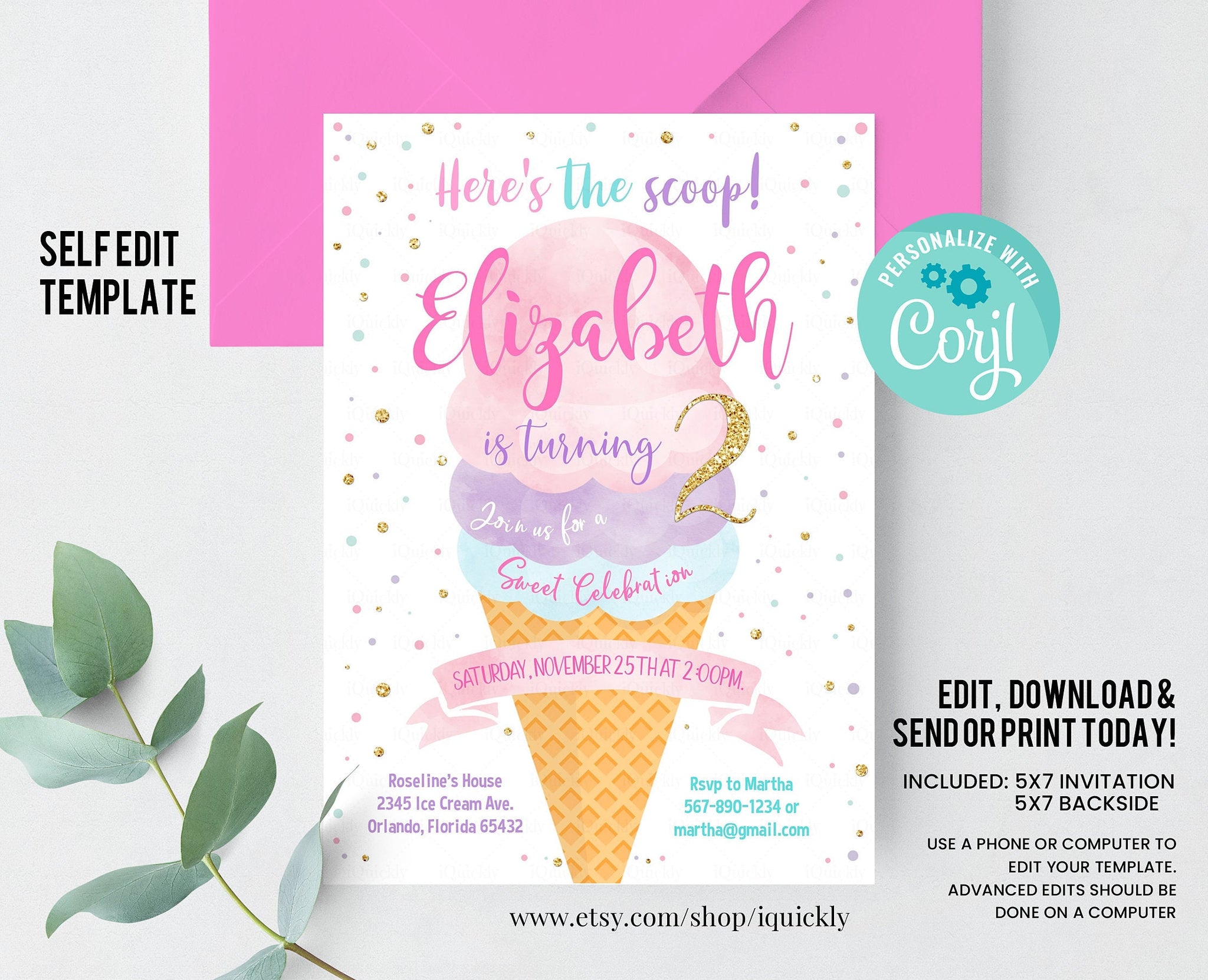 Editable Ice Cream Birthday Invitation First Birthday Party Here's the Scoop Cone Pink Mint Gold Purple Printable Template Instant download