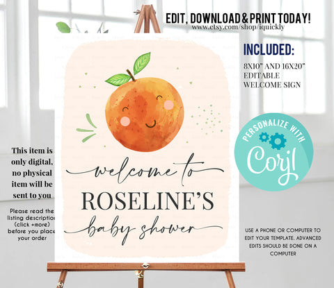Editable A Little Cutie is on the Way Baby Shower Welcome Sign, Orange Mandarin Sign, Fruit Birthday sign Digital Instant download Printable