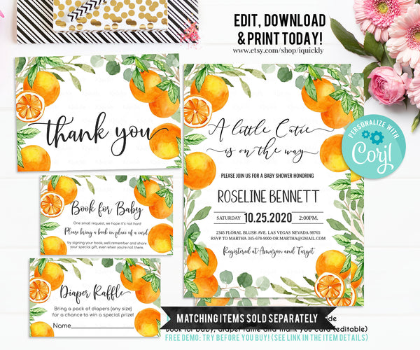 Editable A Little Cutie is on the Way Baby Shower Invitation, Orange Mandarin Baby shower Invite Fruit Shower Citrus Gender Neutral download