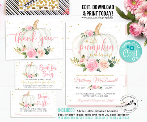Editable Pumpkin Baby Shower Invitation Set, Pink and gold Little pumpkin invitations Package White Pumpkin Bundle Pack Instant download