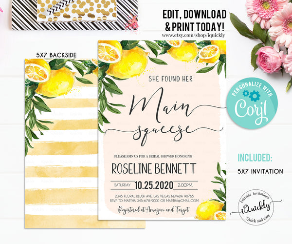 Editable She Found Her Main Squeeze Bridal Shower Invitation, Lemon Citrus Watercolor Invite, Summer Printable Template Instant Download