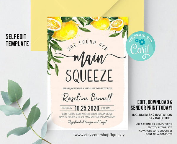 Editable She Found Her Main Squeeze Bridal Shower Invitation, Lemon Citrus Watercolor Invite, Summer Printable Template Instant Download