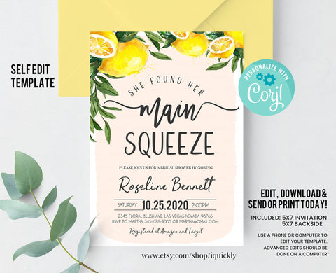 Editable She Found Her Main Squeeze Bridal Shower Invitation, Lemon Citrus Watercolor Invite, Summer Printable Template Instant Download