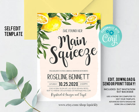 Editable She Found Her Main Squeeze Bridal Shower Invitation, Lemon Citrus Watercolor Invite, Summer Printable Template Instant Download