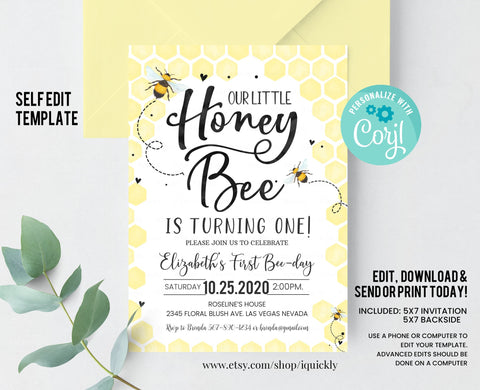 Editable Bee Birthday Invitation Honey Bee Birthday Party Bee 1st Birthday Bumble Bee theme Invites Printable template Instant download