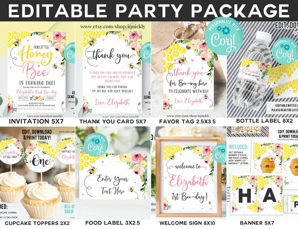 Editable Bee Party Decorations, Honey bee Package Birthday Invitations Bumble Bee Birthday Invite, Bundle Template Digital Instant Download