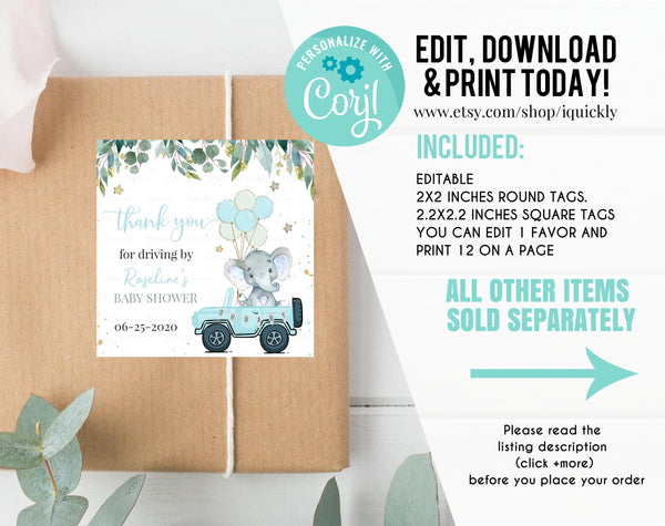 Editable Drive by Baby Shower Favor Tag Elephant Drive Through Gift Tag Drive Thru Baby shower Boy Thank you tags Parade Instant Download