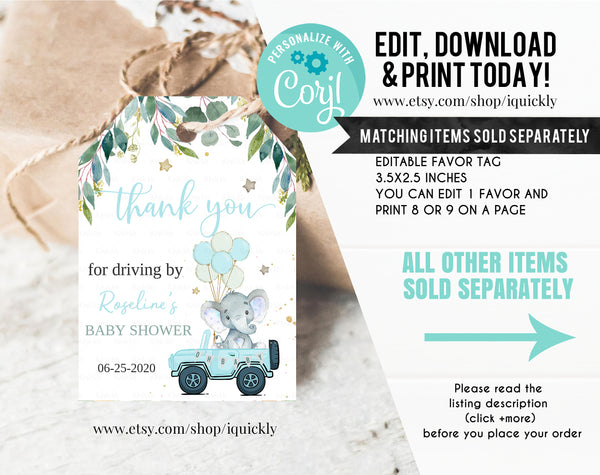 Editable Drive By Baby Shower Water Bottle Labels Elephant Drive Through Baby Shower Drive Thru Boy Birthday Decoration Instant Download