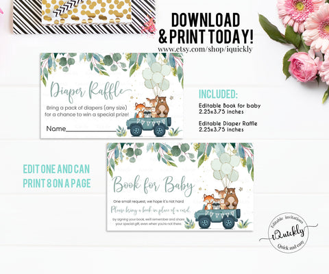 Drive by baby shower Woodland Animals Book for baby, Editable Drive Through Diaper Raffle Drive Thru Bring a book Printable Instant Download