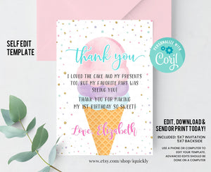 Editable Ice Cream Birthday Thank you card, Here's the Scoop Cone Pink Mint Gold Purple Thank you Note Printable Template Instant download
