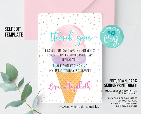 Editable Ice Cream Birthday Thank you card, Here's the Scoop Cone Pink Mint Gold Purple Thank you Note Printable Template Instant download