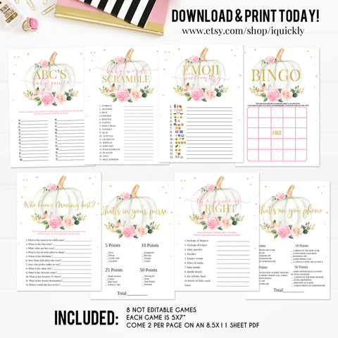Pumpkin Baby Shower Games Bundle, Floral Pink and gold Girl little Pumpkin Game package Baby Shower Game Pack, Fall Autumn Instant Download
