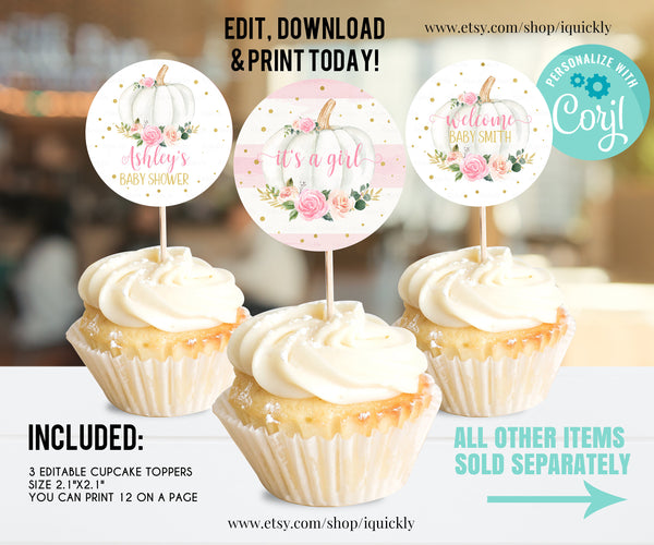 EDITABLE Pumpkin Baby Shower Cupcake toppers, Floral Pink and gold Girl little Pumpkin Baby Shower cake topper, Fall Autumn Instant Download