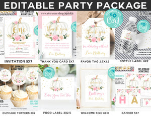 EDITABLE Pumpkin Birthday Party Package Invitation Floral Pink gold Girl Pumpkin First birthday Party Decorations Instant Download Template