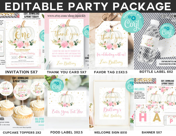 EDITABLE Pumpkin Birthday Party Package Invitation Floral Pink gold Girl Pumpkin First birthday Party Decorations Instant Download Template