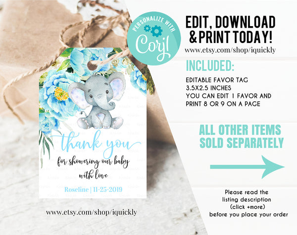EDITABLE Elephant Baby shower Favor tags, Blue Thank you tags, Gift Tags Baby shower favors Digital Printable Template Instant download